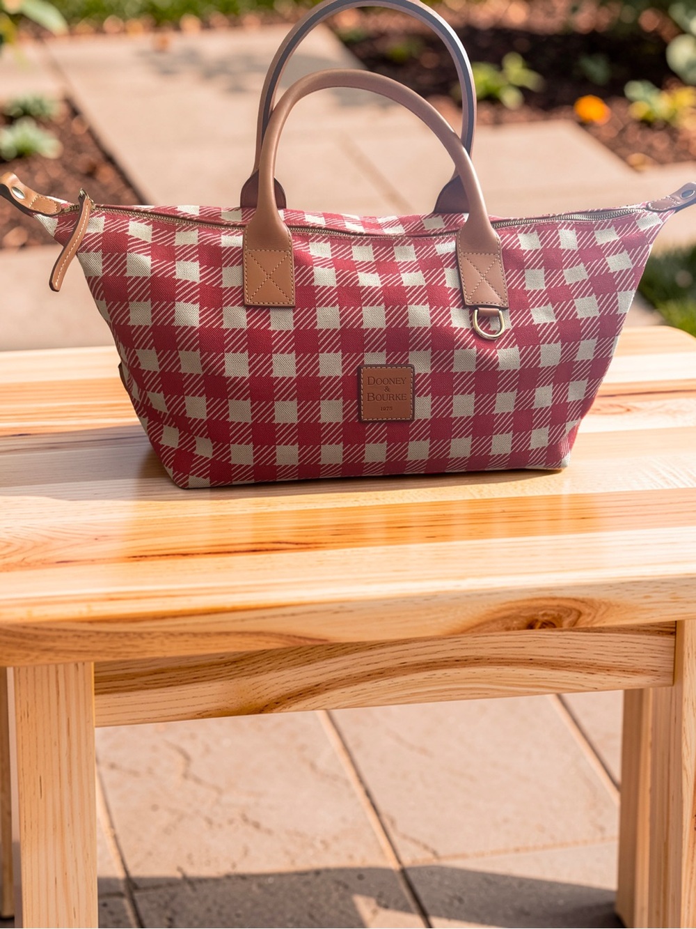 Dooney & Bourke Red and White Gingham Tote with Tan Leather Handles